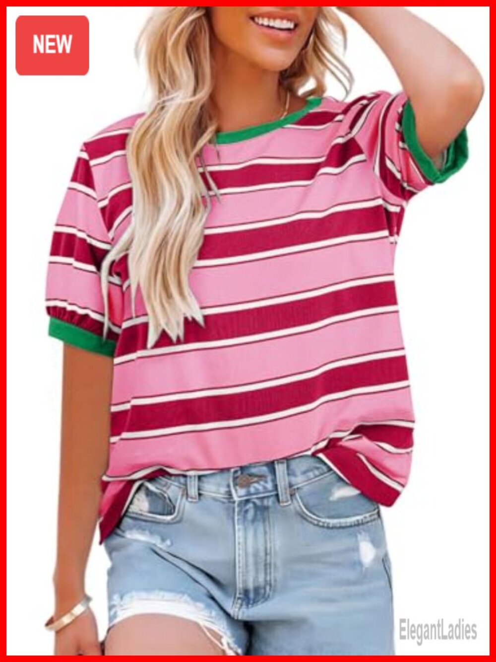 Striped Color Block Short Sleeve Crewneck Loose Fit Summer Tee